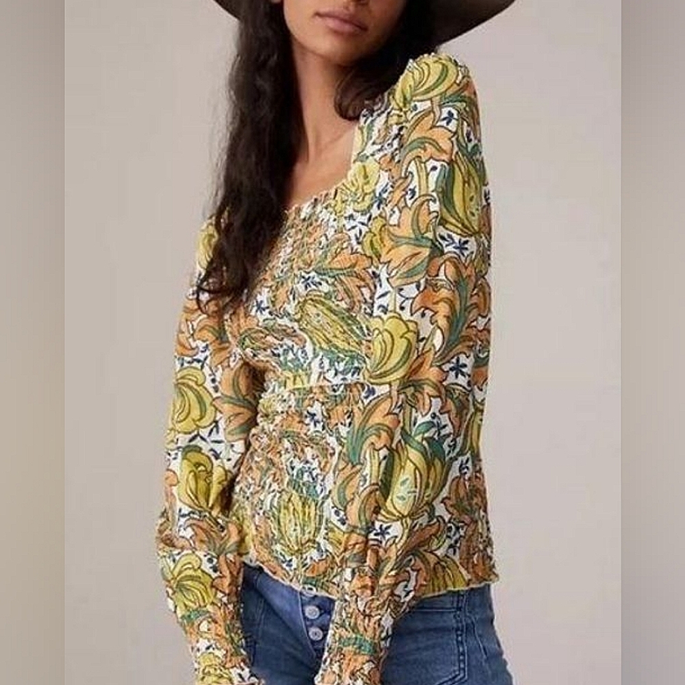 Anthropologie Rayna Relaxed Smocked Blouse